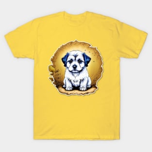 White Havanese Puppy Dog with Black Ears in a Golden Spring Setting T-Shirt